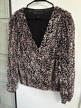 White House Black Market Black Pink Animal-Print Wrap Blouse